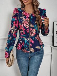 SHEIN Clasi Áo khoác cardigan nữ bó sát có khóa kéo phía trước in tranh sơn dầu hoa - Màu xanh hải quân - Xem 6