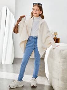Tween Girl Batwing Sleeve Open Front Imitation Teddy Fur For Warmth Coat