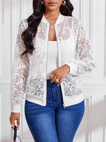 SHEIN Lady Chaqueta casual casual de mujer de estampado bordado y visión transparente con cremallera frontal, abrigo blanco y conjuntos de mujer de otoño, chaquetas de mujer de otoño - Negro - Ver 3