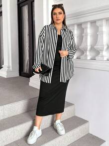 SHEIN Essnce Damen Große Größen Herbst- und Wintermode bequemer schwarz-weiß gestreifter langärmliger Knopfhemd und schwarzes Schlankheitskleid Zweiteiler, Herbstmode für Damen, Herbstoutfit Sets