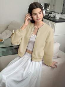 INAWLY Women Casual Solid Color Drop Shoulder Loose Zip-Up Baseball Jacket - Khaki - View 4