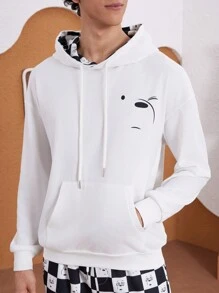 We Bare Bears X SHEIN Men Casual Loose Knit White Bear Graphic Print Hoodie And Checkerboard Sweatpants 2-Piece Set - White - View 1