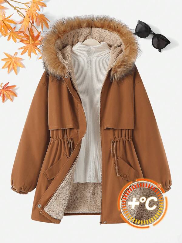 SHEIN Manteau ample rembourré avec capuche, col épaisse en fourrure et taille serrée pour adolescentes - Marron
