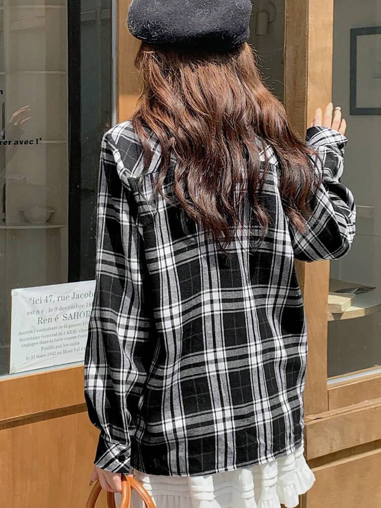 Plaid Loose Fit Long Sleeve Ruffle Collar Blouse For Women,Fall Clothes,Flannels Women