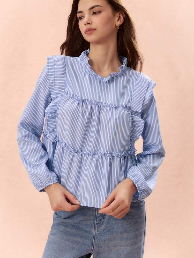 Blouse décontractée à manches longues avec volant et imprimé rayé pour femmes