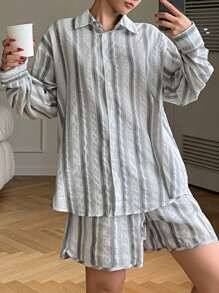 DAZY Striped Texture Loose Shirt Style Home Service Set Pajama - White - View 6
