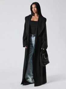 LYSMO Long Solid Color Belted Pocket Elegant Loose Comfy Long Sleeve Jacket In Fall/Winter - Black - View 5