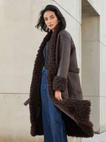 Femmeiva Women's Thick Long Sherpa Fleece Robe Coat With Waist Belt, Soft & Cozy, Regular Fit, Winter - Black - View 6