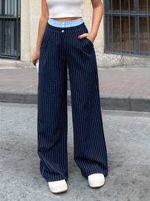 EURMUSE WOMEN BOTTOM BLACK AND BLUE BELT COMFORT PANT - Navy Blue - View 7