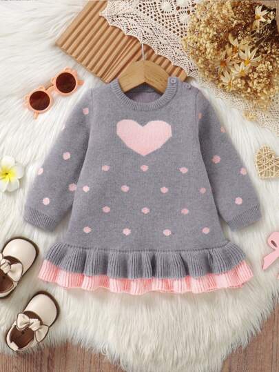 SHEIN 女婴心形和波尔卡圆点印花长袖圆领针织毛衣裙，柔软舒适，适合日常穿着、外出、旅行、度假、居家、日托和女婴玩耍