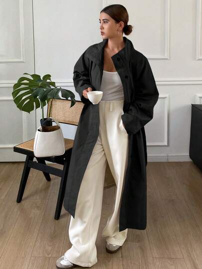 DAZY 纯色宽松长袖系带口袋纽扣女式长款风衣外套，秋季女装