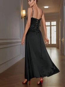 SHEIN Privé Elegant Party Style Adjustable Waist Design Sleeveless Dress With Long Flared Hem - Black - View 6