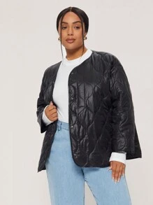 SHEIN BASICS Plus Size Solid Color V-Neck Long Sleeve Loose Padded Coat - Black - View 14