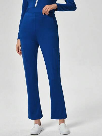 TaskEZ Women's Solid Color Simple Multi-Pocket Practical Flared Scrub Pants, Nursing Scrub Uniform Bottom