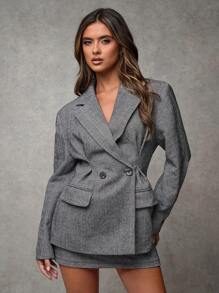 SHEIN BAE Damen einfarbiger, zweireihiger, eleganter, langärmeliger Mantel für den Winter, Vintage, verdickter, grauer Mantel mit Fischgrätenmuster, ausgehöhlte Kostüme, Thanksgiving-Outfit für Frauen, Halloween-Kostüme für Frauen, Thanksgiving-Outfit für Frauen, Workoutfits, sexy Bürokleidung im Sirenenstil, Vintage-Stil des alten Geldes, Cut Out