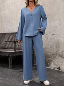 SHEIN LUNE 2-Piece Vacation Casual Solid Notched Neck Shirt & Pants Set - Blue - View 4