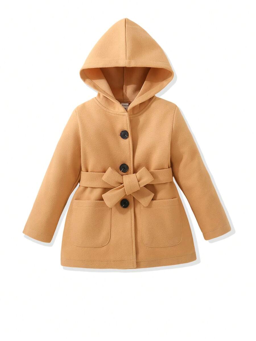 Young Girls Fashion Simple Button Tie Design Hooded Coat, Suitable For Autumn/Winter - Khaki - View 1