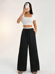 SHEIN PETITE Contrast Color Double Waist Satin Glossy Women's Wide Leg Pants ,Petite Women - Black - View 7