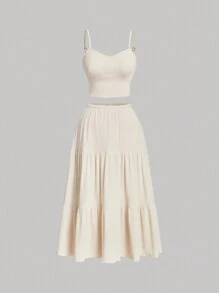 SHEIN MOD 2 件套大码女式杏色针织吊带背心和长款中裙套装