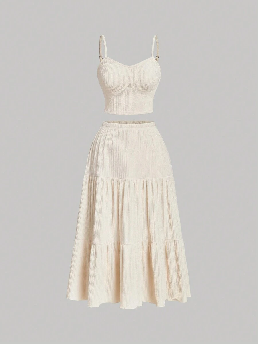 SHEIN MOD 2 件套大码女式杏色针织吊带背心和长款中裙套装