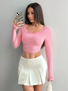 Flirla Pink Oversized Scoop Neck Ruffle Trim Cropped Hem T-Shirt Undershirt, Long Sleeve