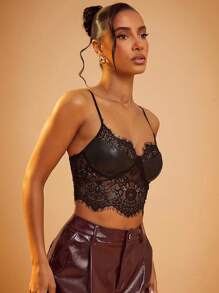 Hauture PU Leather Bust Lace Cami Corset Top - Black - View 6