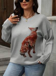 SHEIN LUNE Plus Size Casual Animal Pattern Drop Shoulder Sweater, Herfst/Winter