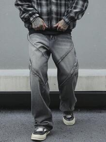 Manfinity EMRG Men's Straight Relaxed Fit Casual Jeans With Pockets, Plain Long Baggy Dark Grey Washed Jeans, For Husband, Boyfriend Gifts - Black - View 6