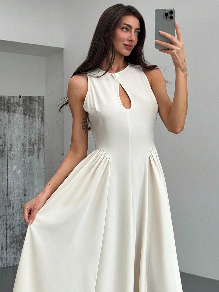 Aloruh Women's Sleeveless Cutout Front A-Line Side Ruched Midi Dress, Elegant, Ins Style - Apricot - View 1