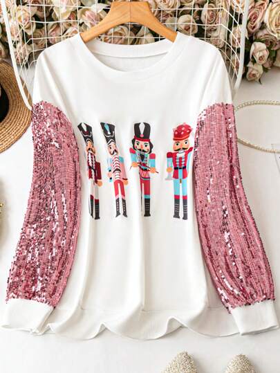 SHEIN LUNE 大码女式卡通印花圆领亮片拼接长袖卫衣，秋季套头衫