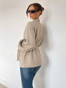 SHEIN Essnce Áo khoác nữ dáng áo choàng tắm thu đông, áo khoác dày dặn, rộng rãi, thoải mái khi ở nhà, áo cổ chữ V du lịch hàng ngày, áo dài tay - Màu Khaki - Xem 2