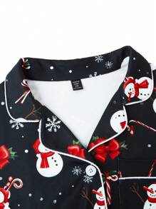 SHEIN LUNE Plus Size Christmas Theme Print Front Button Long Sleeve Top And Elastic Waist Pants 2 Pieces Set Fall Cloth For Women - Black - View 6