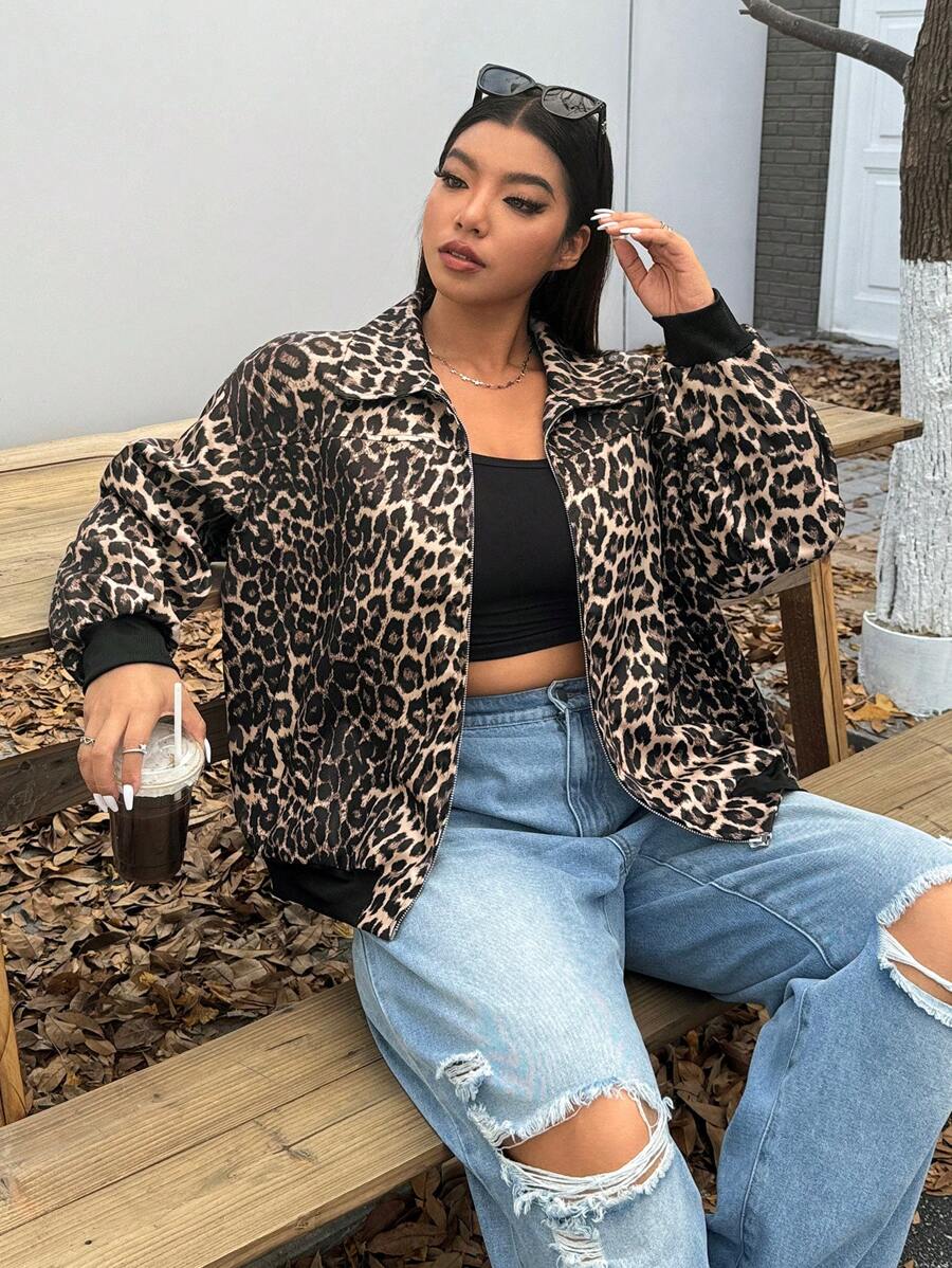 CovetEZ Plus Size Vintage Leopard Print Lapel Zip-Up Jacket, Suitable For Casual Outdoor Use - Brown - View 1