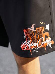 Manfinity Sport Corelite Boyfriend Style Men's Halloween Print Drawstring Waist Athletic Shorts - Black - View 3