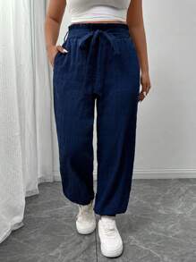 SHEIN Frenchy Pantalones holgados de talla grande para mujer de diseño con lazo en la cintura, de moda informal y transpirables, en azul marino/azul zafiro