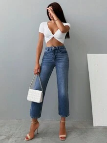 EURMUSE High Waist Straight Leg Jeans - Medium Wash - View 3