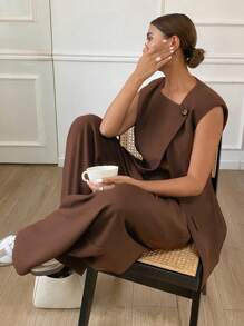 Livesso 2 Pieces Elegant Women Summer Set - Sleeveless Solid Top & Wide Leg Pants,Fall Clothes - Coffee Brown - View 1