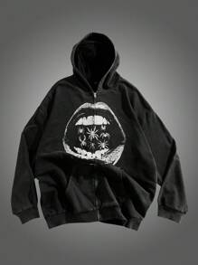 Manfinity VCAY Plus Size Men's Loose Snowflake & Spider Mouth Print Hooded Sweatshirt, For Fall Winter