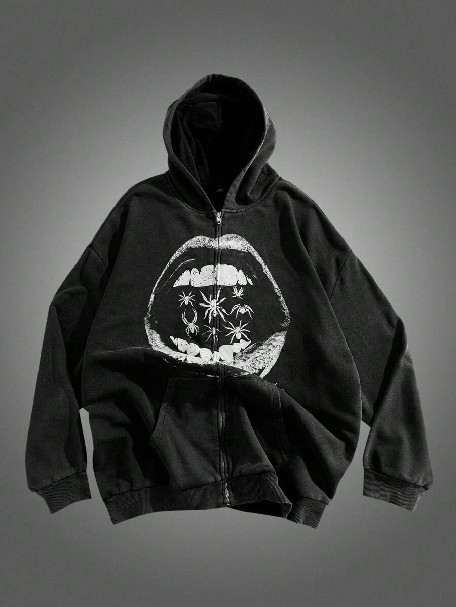 Manfinity VCAY Plus Size Men's Loose Snowflake & Spider Mouth Print Hooded Sweatshirt, For Fall Winter