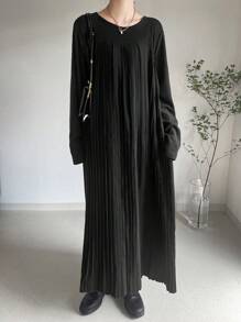 FRIFUL 女士休闲纯色圆领宽松长裙，秋季长袖连衣裙