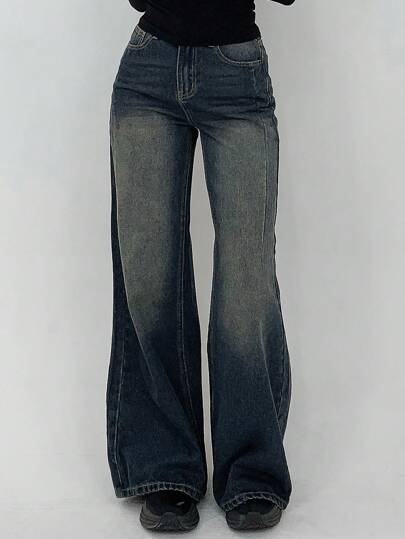 DAZY Jeans rectos casuales de pierna derecha con bolsillo con botones frontales para mujer