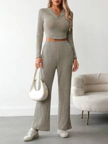 Chiquease 2pcs Women's Solid Color Long Sleeve Simple Casual Knit Top And Pants Set