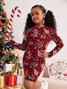 SHEIN 青少年女孩合身休闲简约舒适圆领圣诞元素印花长袖直筒连衣裙 - 紅色 - 查看 4