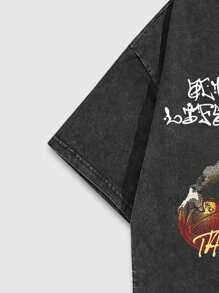 ROMWE MEN Street Life Men's Portrait Printed Crinkle Short Sleeve Basketball Jersey Style T-Shirt, Suitable For Daily Wear In Spring And Summer, School - Black - View 5