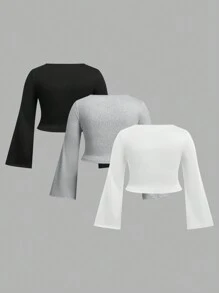 Flirla Plus Size Solid Color Crew Neck Long Sleeve Cropped Top, Casual Daily Wear