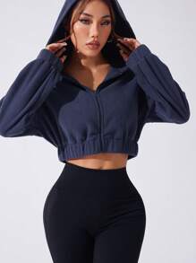 Easithlete 1 chiếc áo khoác thể thao trùm đầu tối giản tay dài khóa kéo phía trước màu trơn, mặc thường ngày - Màu xám đen - Xem 5