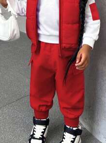 SHEIN Explorewe 3pcs Baby Girls Autumn/Winter Outfit Set - Thick Padded Vest, Matching Hoodie And Cargo Pants - Red - View 3
