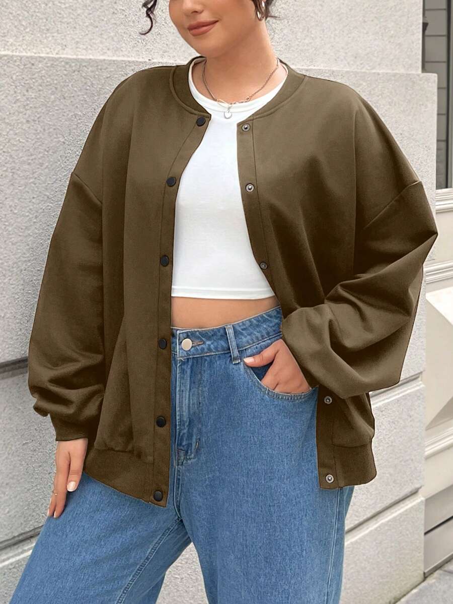 SHEIN EZwear Plus Size Women Plain Dropped Shoulder Long Sleeve Single Breasted Casual Loose Baseball Jacket, Autumn