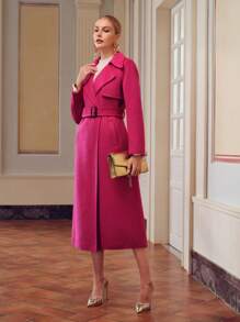 ZEYLAH LAPEL COLLAR BUCKLE BELTED OVERCOAT - Hot Pink - View 6