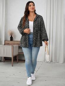 SHEIN LUNE Áo khoác nữ cỡ lớn in họa tiết da báo, tay dài, khóa kéo phía trước, có túi, kiểu dáng thường ngày, có mũ trùm đầu, thích hợp cho kỳ nghỉ thu/đông. - Xám - Xem 6
